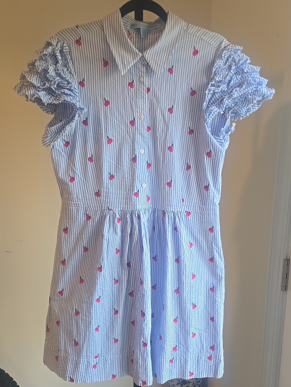 Draper James Blue and Pink Striped Cherry Print Ruffle Sleeve Dress Size:14